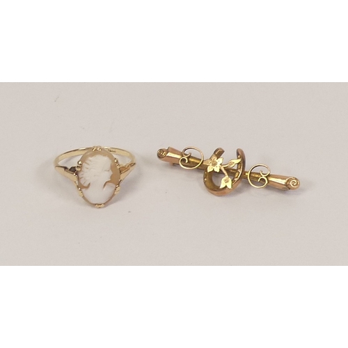 703 - 9ct gold cameo set ring size N/0, together with 9ct horseshoe brooch, both marked 9ct, gross weight ... 