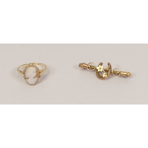 703 - 9ct gold cameo set ring size N/0, together with 9ct horseshoe brooch, both marked 9ct, gross weight ... 