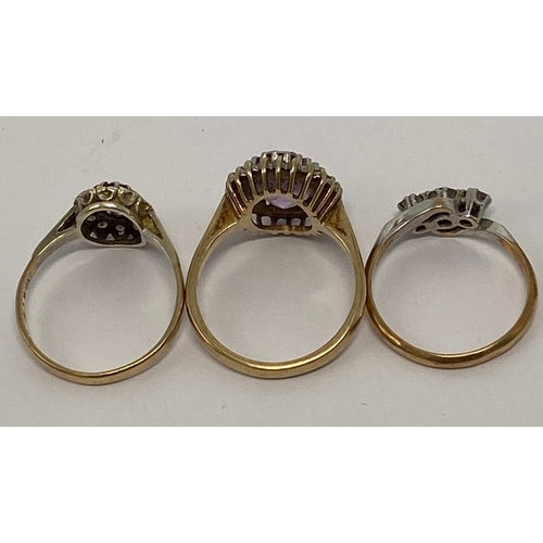 621 - Three 9ct gold ladies dress rings, each set with semi precious stones, sizes N-P, 8.4g.