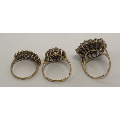 622 - Three 9ct gold ladies dress rings, each set with clusters of white stones, sizes K-L, 12g.