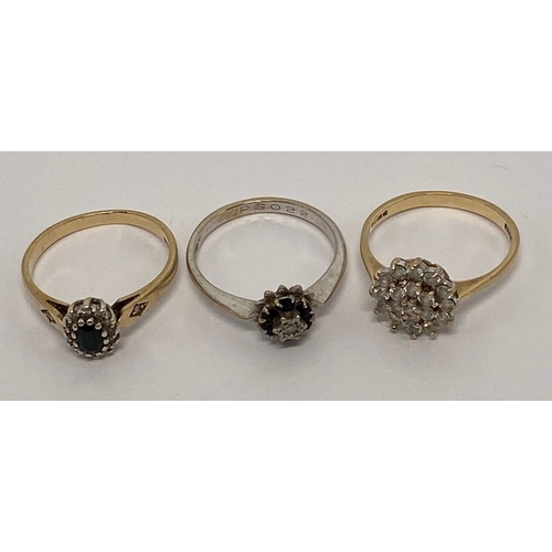 626 - Three 9ct gold ladies dress rings, each set with semi precious stones, sizes M-N, 7.2g.