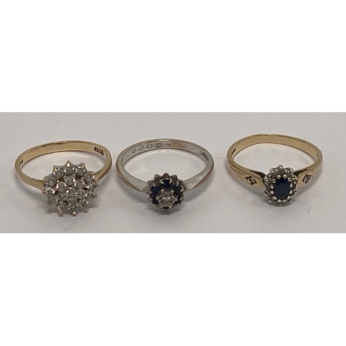 626 - Three 9ct gold ladies dress rings, each set with semi precious stones, sizes M-N, 7.2g.