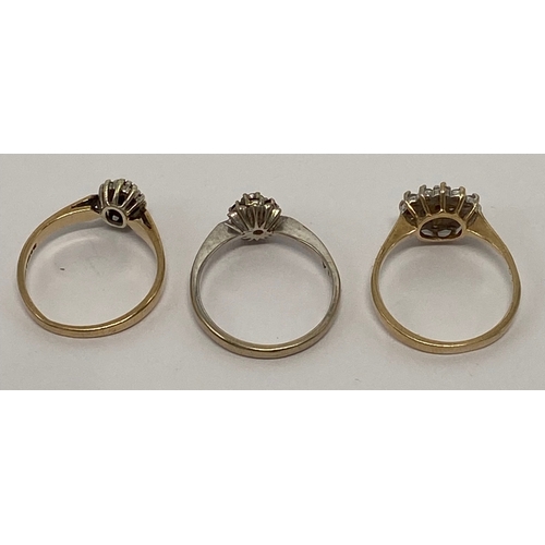 626 - Three 9ct gold ladies dress rings, each set with semi precious stones, sizes M-N, 7.2g.