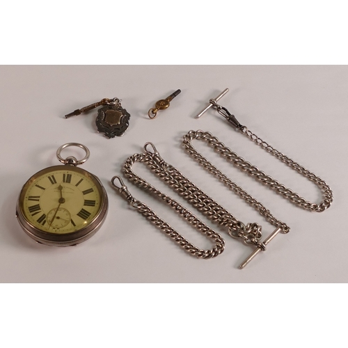 786 - Silver English Lever pocket watch with key and two Silver Albert chains, chains, 86.2g and a tin con... 