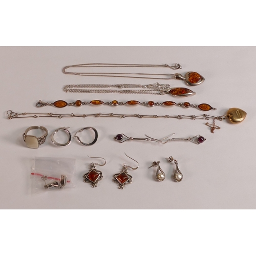 788 - A collection of Ladies Silver Jewellery including Amber set bracelets and pendants, chains,rings and... 