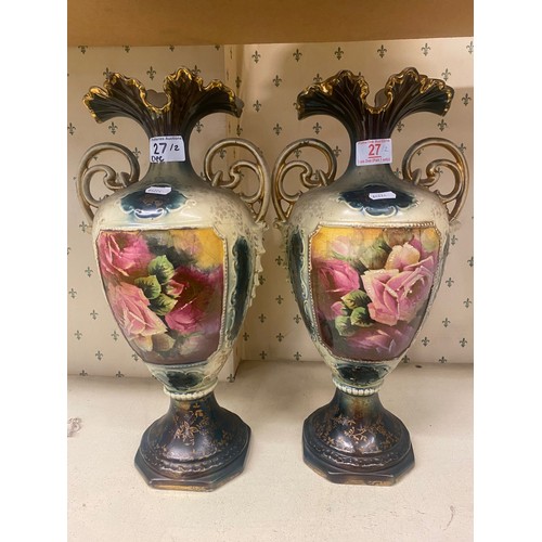 27 - A pair of large twin handled decorative pottery vases 44cm Tall