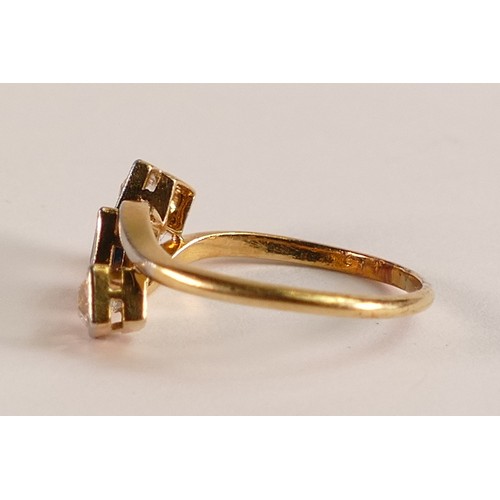 717 - 18ct Gold ring set with square cut Sapphire surrounded by two square cut Diamonds, size L, 2.3g.