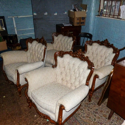 689 - Set of 4x Matching French Style Carved Walnut Armchairs. All in matching ivory coloured fabric. 
Mea... 