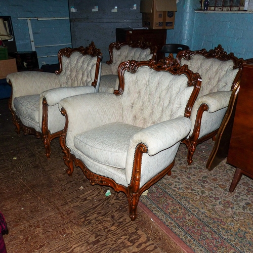 689 - Set of 4x Matching French Style Carved Walnut Armchairs. All in matching ivory coloured fabric. 
Mea... 