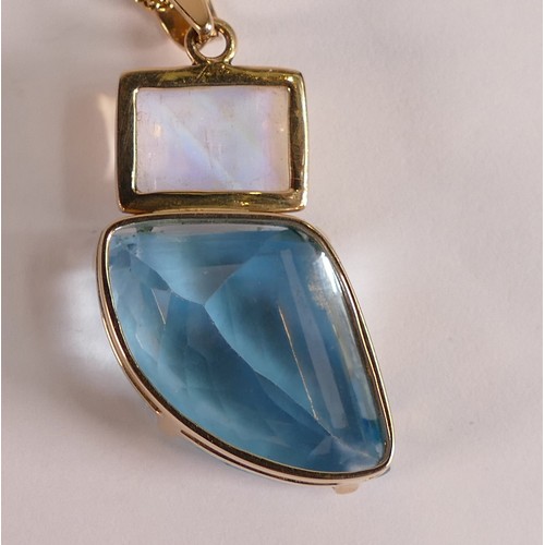 813 - 14ct gold Moonstone and blue Topaz abstract pendant & 9ct gold chain (3.2g), chain length 46cm, gros... 