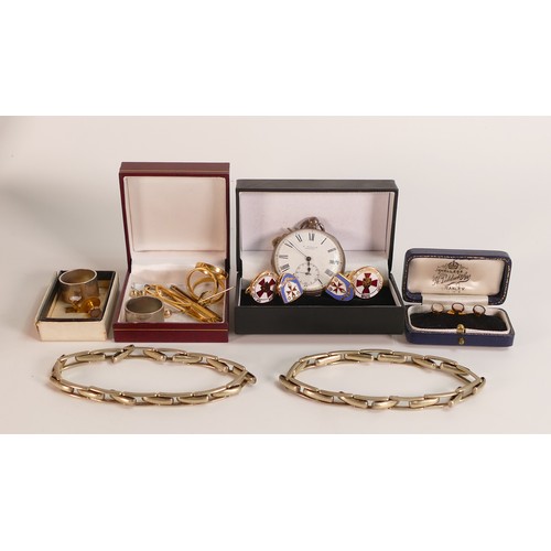 816 - An assortment of items including ladies silver pocket watch & key (not working), gold plated studs, ... 