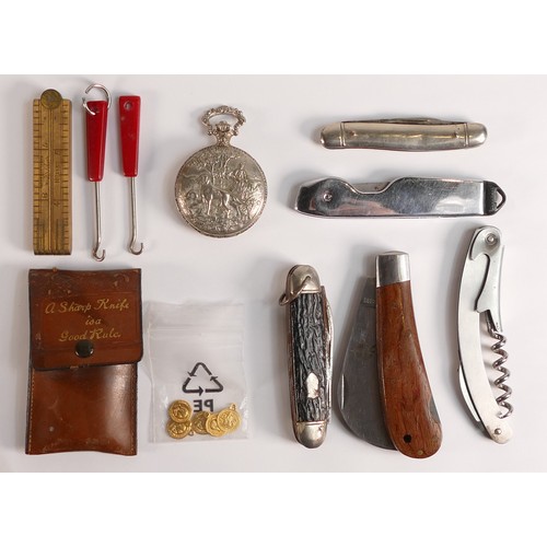 810 - A collection of items including Penknife's, Corkscrews, Ornate Pocket watch with hunting scene etc