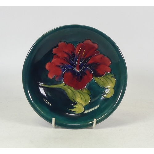 392 - Moorcroft Hibiscus Design On Green Ground Circular Shallow Bowl. 19cm Dia