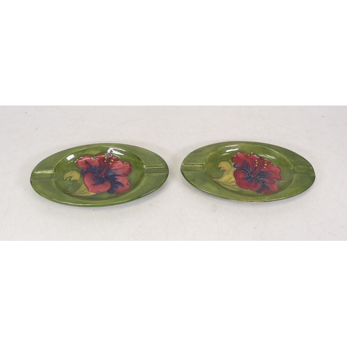 393 - Moorcroft Hibiscus Design On Green Ground Oval Ashtrays (2)