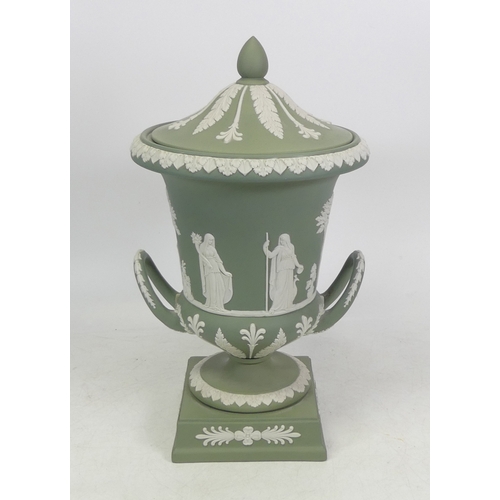 117 - Wedgwood, Sage Green Jasperware Lidded Urn Vase. Height:  30cm