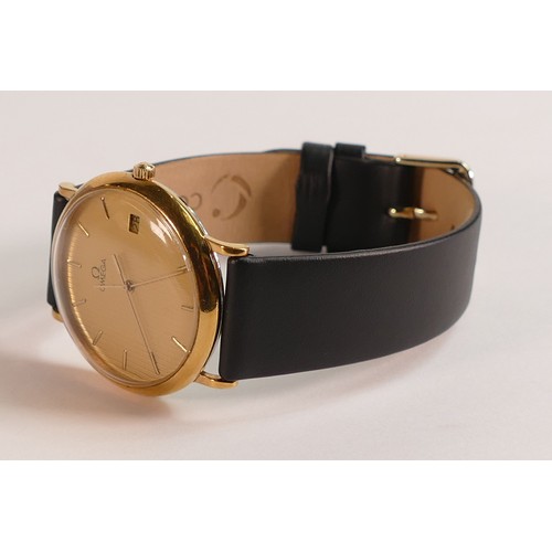 727 - Omega Deville gold plated quartz date wristwatch with gold dial, with brand new leather strap.