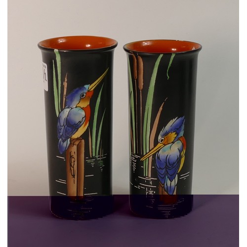 100 - Shelley, Two Kingfisher Black Vases with Orange interior. Height: 15.5cm (2)