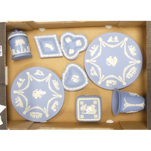 345 - Wedgwood Powder Blue Jasperware To Include Plates, Vase, Square Lidded Trinket Box, Pin Trays, Tall ... 