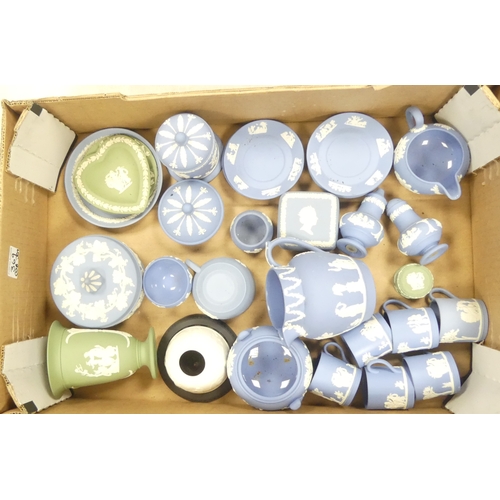 369 - Wedgwood Jasperware To Include Powder Blue Coffee Cans & Saucers, Large Jug, Round Trinket Boxes, Sa... 