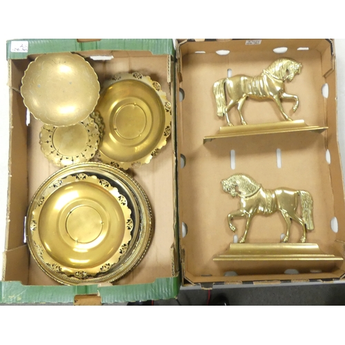 372 - A Selection Of Brass Including Two Horses for a Coal Fender, Nine Decorative Plates, Footed Bowl (2T... 