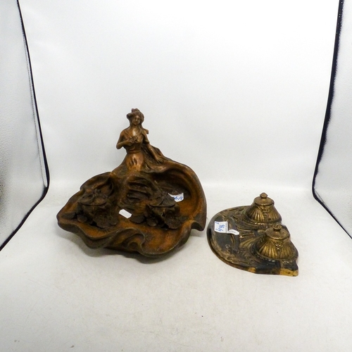 96 - Two Art Nouveau Inkstand includes on figural example with floral inkwells. (2)