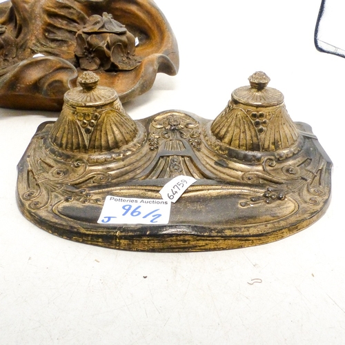 96 - Two Art Nouveau Inkstand includes on figural example with floral inkwells. (2)