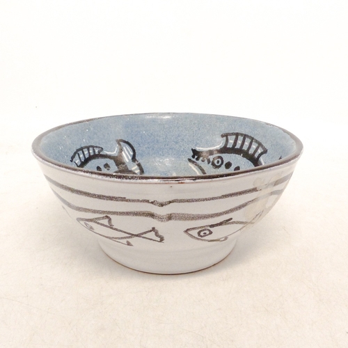 97 - Md-Century Studio Pottery Bowl, painted with grotesque fish on blue ground with white ground exterio... 