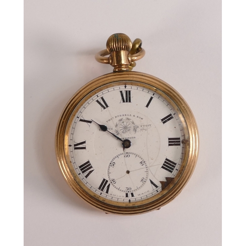 722 - Gold plated gents keyless pocket watch by Thomas Russell, not working.