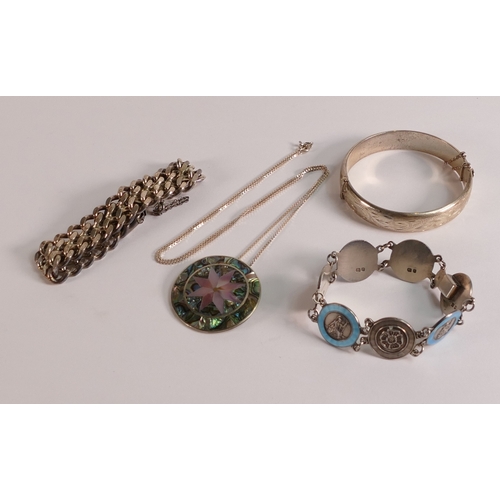 730 - A collection of ladies Silver jewellery, including enamelled Britannia bracelet, Alpaca Mexican star... 