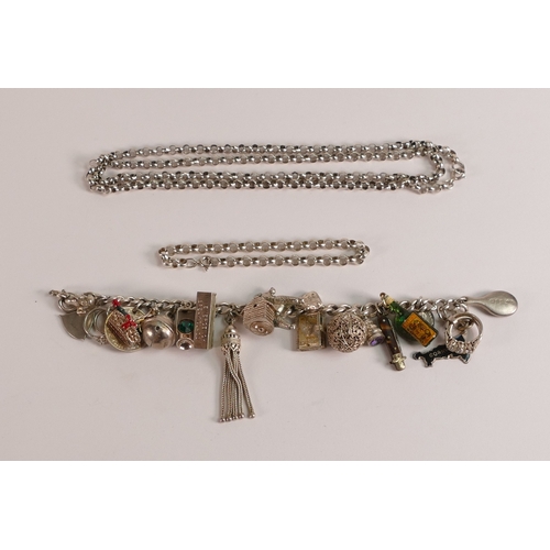 732 - Silver charm bracelet and Silver necklace, 89.3g.