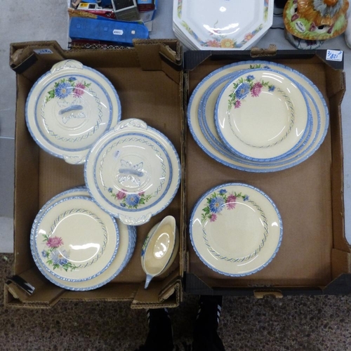 128 - New Hall Hanley, Art Deco pattern 1231 Dinnerware including two tureens, sauceboat, dinner plates, g... 