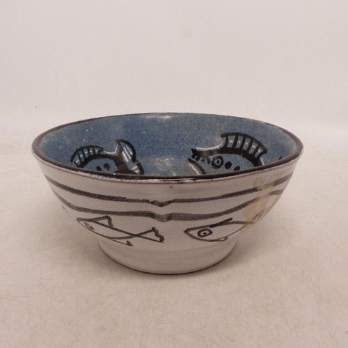 97 - Md-Century Studio Pottery Bowl, painted with grotesque fish on blue ground with white ground exterio... 