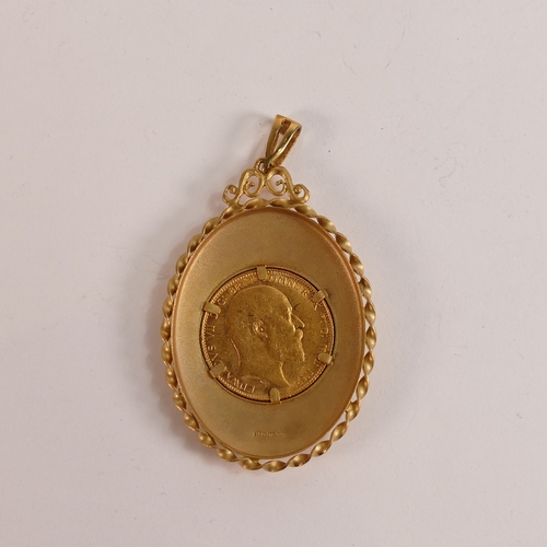 738 - 9ct gold pendant with 22ct gold full sovereign dated 1908, 14.5g.