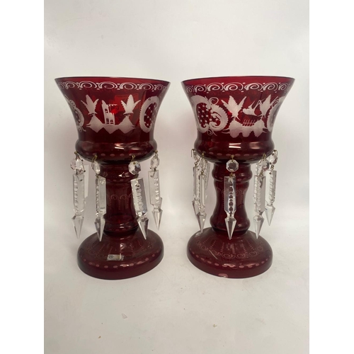 54 - Pair of Bohemian Ruby Crystal Lustres together with similar Footed Vase. (3)