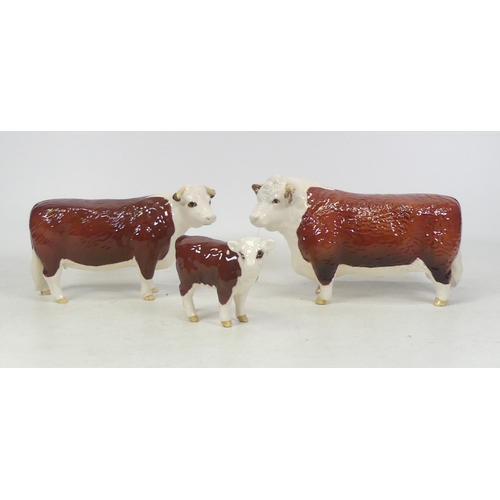 102 - Beswick cattle family to include Hereford Bull, Hereford Cow and Hereford Calf (3)