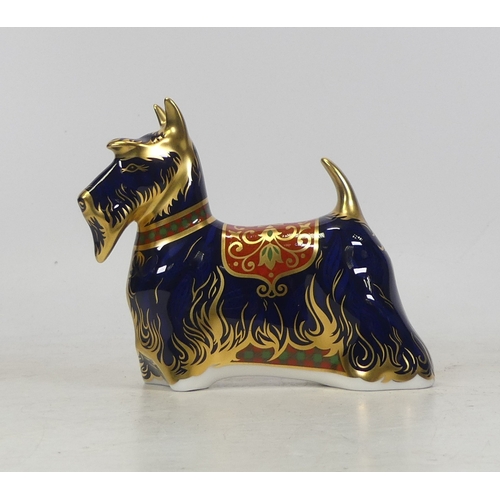 104 - Royal Crown Derby, Scottish Terrier Paperweight. Gold stopper.