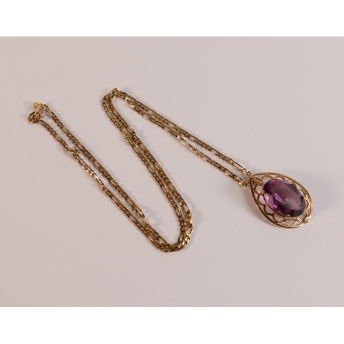 745 - 9ct gold oval amethyst pendant and chain, 8.3g.