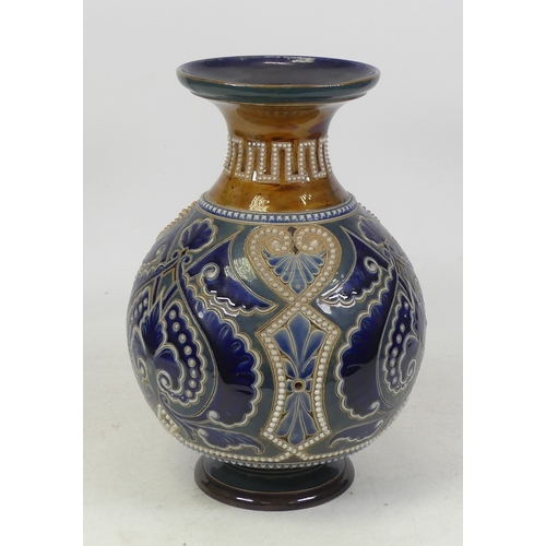 126 - Doulton Lambeth, Stoneware Globular Flared Rim Vase. Incied and beaded decoration to body on dark an... 