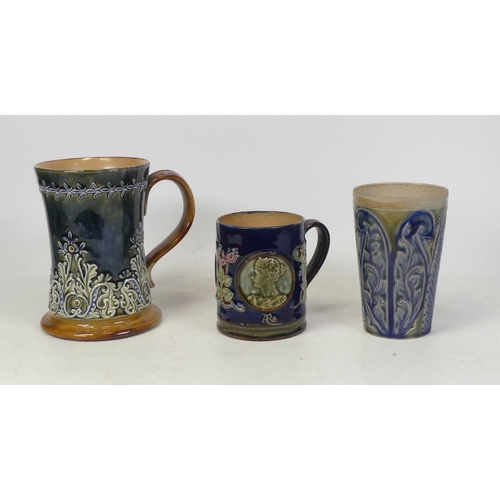 134 - Doulton Lambeth, Three Stoneware Drinking Vessels inlcuding Tankard, Lemonade Cup and Commemorative ... 