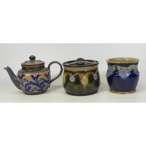 135 - Doulton Lambeth, Three Stoneware Items including Teapot, Small Plant Pot a/f and ashtray. Height of ... 