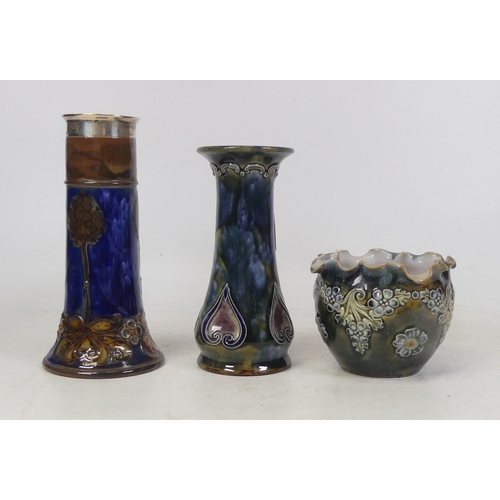 137 - Doulton Lambeth, Three Small Stoneware Vases includes Silver Collared Spill Vase, Art Nouveau Form V... 