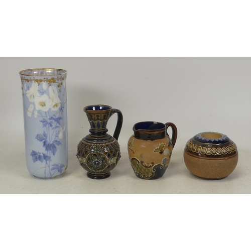 156 - Royal Doulton, Signed Porcelain Sleeve Vase a/f together with Stoneware table vesta, and two jugs. H... 