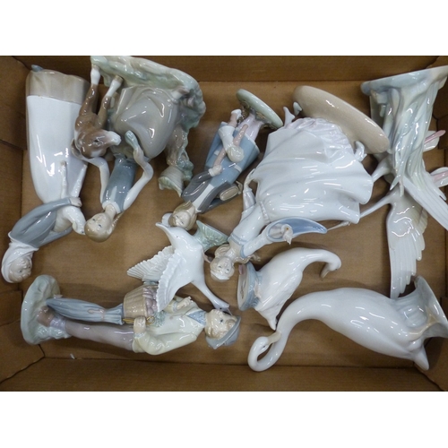 358 - Collection of nine Lladro, Nao and similar figures, all with minor losses/damages (1 tray).