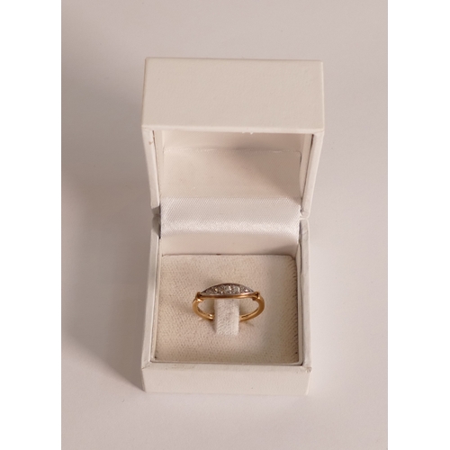 761 - 18ct gold ring set with 5 diamonds, size M, 2.2g.