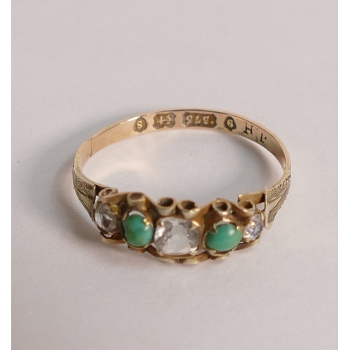 764 - 9ct gold ring set with turquoise and white stones, size P,1.1g.