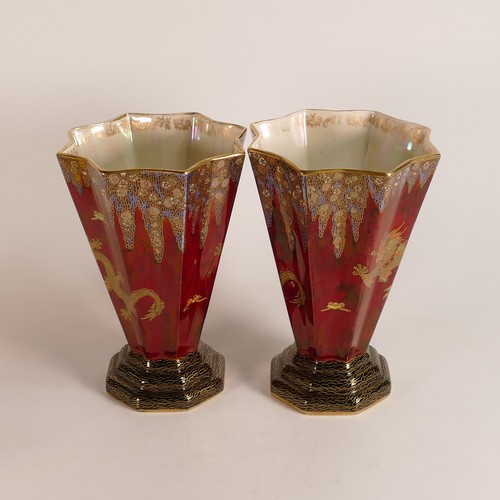 73 - Crown Devon, pair of Chinese Dragon pattern vases of footed tapering form. Height: 19cm (2)