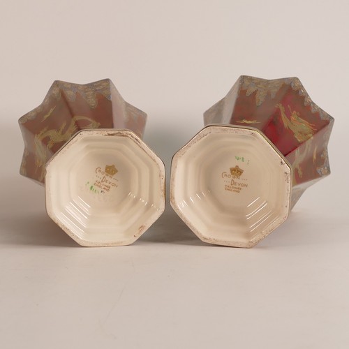 73 - Crown Devon, pair of Chinese Dragon pattern vases of footed tapering form. Height: 19cm (2)