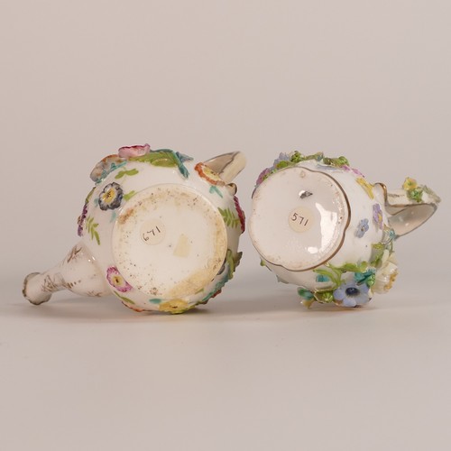 82 - Five 19th century florally encrusted porcelain items, including green tea pot with white floral and ... 