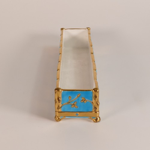 99 - English porcelain rectangular small planter. Light blue ground with gilt highlights and borders. Reg... 