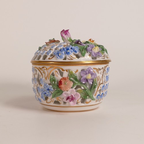 112 - Carl Thieme, encrusted porcelain lidded box of reticulated form. Underglaze blue printed marks to ba... 